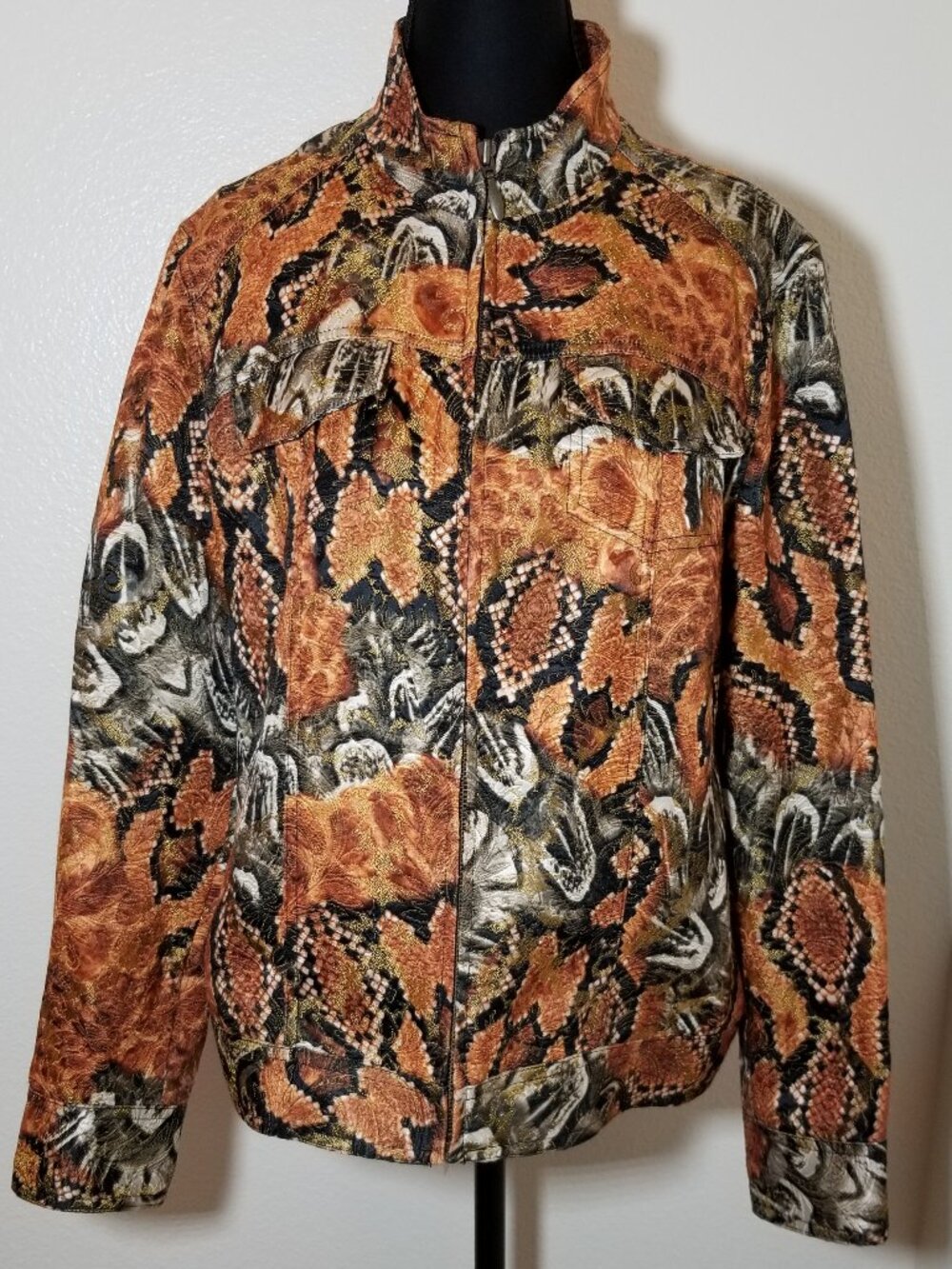 Chico's Womens Size 1 Brown Tapestry Biker Jacket Full Zip Retro Boho Hippie